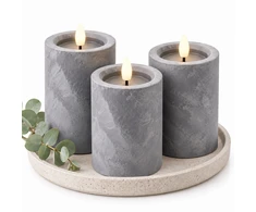 Relaxdays 3 LED žvakių rinkinys, betono imitacijos apdaila, mirganti liepsna, 6 val. laikmatis, pilkas plastikas