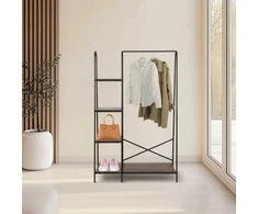 Relaxdays Drabužių kabykla 160x100x40 cm ruda juoda, metalinės lentynos su medžio imitacija