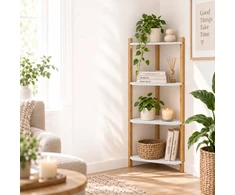 Relaxdays Kampinė lentyna iš bambuko ir MDF, trikampė, laisvai stovinti svetainei