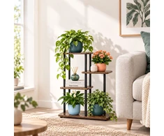 Relaxdays Kelių pakopų gėlių vazonų stovas iš metalo ir MDF, juodas rėmas, rudos lentynos