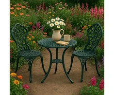 Relaxdays Lauko baldų komplektas, 65x60 cm stalas, 86x41x47 cm kėdės, juoda ir žalia