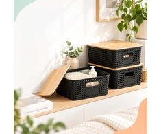 Relaxdays Perforuotų sudedamų daiktadėžių su bambukiniu dangčiu rinkinys