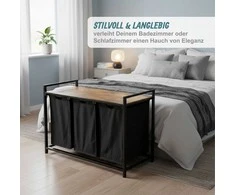 Relaxdays Skalbinių rūšiuoklė, 3 maišai, lentyna, šviesiai ruda, juoda, laikymas