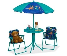 Relaxdays Vaikiškų stovyklavimo baldų komplektas, stalas 49,5x49,5 cm, kėdės 53x36x37,5 cm, skėtis 87,5-126x100 cm