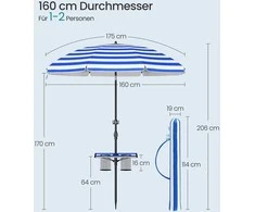 Songmics 160 cm ilgio skėtį galima sulenkti 30° kampu iš abiejų pusių, reguliuojamo aukščio, mėlynai baltas