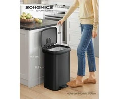 Songmics 50 litrų metalinė šiukšlių dėžė su dangčiu, juoda