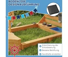 „Outsunny“ didelė smėlio dėžė su dangčiu, laivo dizaino, medinė, burlaivio formos, su žaidimų virtuvėle ir daiktadėže vaikams nuo 3–7 metų, oranžinė, 180 x 103 x 144,5 cm