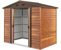 Outsunny metalinis sodo namelis medžio imitacijos dizainu 3 m² 152 x 235,7 x 208,7 cm įrankių laikymo pastogė su dvišlaičiu stogu, langu, dvigubomis stumdomomis durimis, atsparus oro sąlygoms lauko sodo namelis kiemui, rudos spalvos