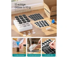 Songmics Prieskonių stiklainiai su barstymo įdėklais ir etiketėmis, juodi, 4,5 × 4,5 × 10,3 cm, 12 vnt.