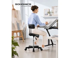 Songmics Balno formos taburetė, juodos spalvos PU oda, aukštis reguliuojamas, 56x56x68,5-82,5 cm