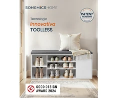 Songmics Batų suoliukas su saugojimo erdve ir reguliuojamais atvirais skyreliais