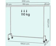 Songmics Drabužių stovas su ratukais, ištraukiama drabužių pakaba, atlaiko iki 110 kg