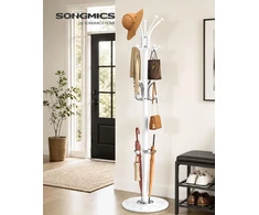 Songmics Pastatoma drabužių kabykla su skėčių stovu ir 18 kabliukų, matinė balta, 38 x 38 x 178 cm