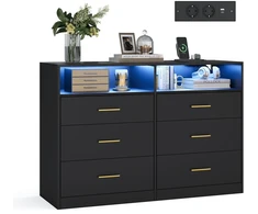 Songmics VASAGLE komoda su LED apšvietimu ir maitinimo lizdais, 6 stalčių, 40 × 119 × 81,2 cm, LTS316BC01