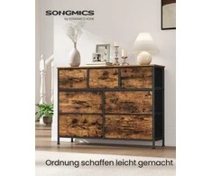 Songmics Komoda 7 stalčiai Plienas MDF Netikras audinys Rustiškas rudas Juodas Saugojimas