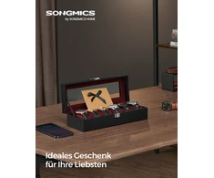 Songmics Laikrodžių dėžutė su 6 skyreliais, stiklinis dangtis, metalinė spyna, juoda