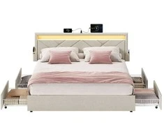 Lova Songmics Metalo lovos rėmas su LED apšvietimu ir stalčiais 210x149 cm