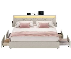 Songmics Metalinė lova su LED apšvietimu ir stalčiais 210,2 x 169 cm