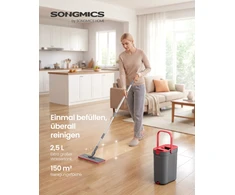 Songmics Grindų valymo šluostės rinkinys su kibiru ir 4 užvalkalais, pilkas-raudonas, 26 × 17 × 36 cm