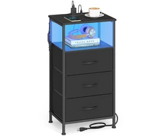 Songmics Naktinis staliukas tintenschwarz su LED ir elektros lizdu, 39.6x30x75.9 cm, 3 stalčiai