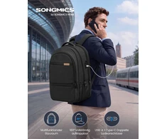 Songmics Nešiojamojo kompiuterio kuprinė 35 L, 17.3 colių kompiuteriui, su USB jungtimi ir 180° atidarymu, juoda