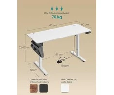 Songmics Stalas su reguliuojamu aukščiu, 140x60x72-120 cm, baltas