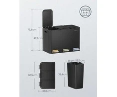 Songmics Virtuvės šiukšlių dėžė 3 x 15 L skyriai rašalas juodas