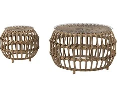 Outsunny 2 vnt. šoniniai staliukai, poliratano, Ø66/42 cm, apvalūs, atsparūs oro sąlygoms, sodo staliukas su stikliniu viršumi, lauko balkono staliukas, kavos staliukas, sodo baldai sodui, balkonui, rudi