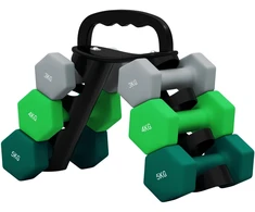 SPORTNOW 6 dalių hantelių rinkinys 2 x 3kg, 2 x 4kg, 2 x 5kg, hantelių rinkinys su stovu, šešiakampiai hanteliai, jėgos treniruotėms, sportui namuose, pilka+žalia+turkio spalva