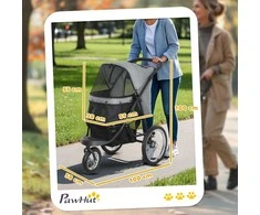 PawHut vežimėlis šunims ir katėms, sulankstomas, bėgimui, katėms ir mažiems šunims iki 10 kg, su 3 dideliais guminiais ratais, pagalvėle, tinkliniais langais, daiktadėže ir saugos pavadėliais, pilkas