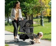 PawHut sulankstomas vežimėlis šunims ir katėms iki 10 kg, vežimėlis katėms su pagalvėle, tinklelio langais, gėrimų laikikliu, daiktadėže, vežimėlis katėms, tamsiai pilkas