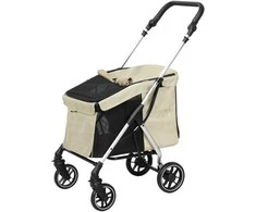 PawHut lengvas šunų vežimėlis, aliuminis, sulankstomas, skirtas šunims ir katėms iki 10 kg, kačių vežimėlis su pagalve, tinkleliais, durelėmis, krepšeliu daiktams, chaki spalvos