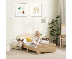 AIYAPLAY vaikiška lova 143,5 x 80 cm, namelio formos lova iš medžio masyvo, paauglių lova su apsauga nuo iškritimo, žaidimų lova, atlaikanti iki 80 kg, viengulė lova su lokiuko dizainu vaiko kambariui, natūralios medienos spalvos