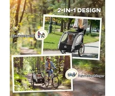 HOMCOM 2-in-1 sulankstoma vaikiška priekaba, dviračio priekaba su nuimamu priekiniu ratu, galiniais stabdžiais, vaikiška dviračio priekaba 2 vaikams nuo 18 mėnesių, išlaikanti iki 26,4kg svorį, pilka