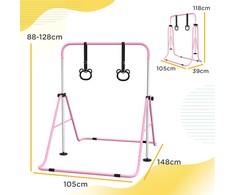 "HOMCOM" Vaikų gimnastikos horizontalioji lazda 5 pakopų reguliuojamo aukščio horizontalioji lazda horizontalioji lazda su gimnastikos žiedais, skirta naudoti patalpose, iki 50 kg apkrovos, plieninė rožinė