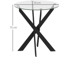 HOMCOM Valgomojo stalas, apvalus virtuvės stalas 4 asmenims, valgomojo stalas su plieninėmis kojomis, stalviršis iš grūdinto stiklo, skirtas valgomajam, virtuvei, Ø70 x 75 cm, modernus dizainas, juodas + permatomas