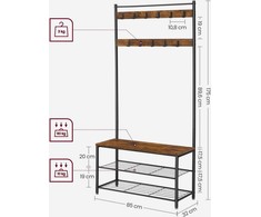 Songmics Drabužių kabykla su batų laikymo suoliuku, 85x32x175 cm, ruda ir juoda