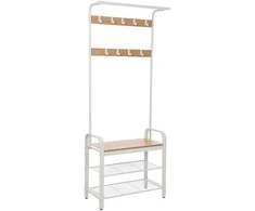 Songmics Drabužių kabykla su batų laikymo suoliuku, 33,7x77x183 cm, ąžuolas ir balta