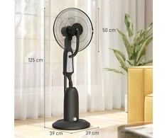 HOMCOM Vandens ventiliatorius, pastatomas, su reguliuojamu purškimo rūku, 3 greičiai, 3 L vandens bakelis, 75° svyravimas, 90 W, su ratukais, 125 cm