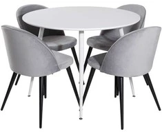 Venture Design Apskritas stalas, Plaza, 100 cm, Balta+Valgomasis kėdė, Sametas, 57x76.5x50 cm, Šviesiai pilka