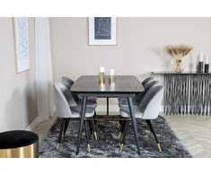 Venture Design Valgomasis stalas, aukso pratęsimas, 180x85x76 cm, juodas + Valgomasis kėdė, aksomas, 57x76.5x50 cm, šviesiai pilka