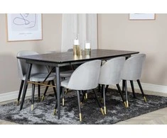 Venture Design Valgomasis stalas, aukso pratęsimas, 180x85x76 cm, juodas + Valgomasis kėdė, aksomas, 57x76.5x50 cm, šviesiai pilka