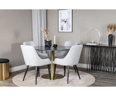 Venture Design Valgomasis stalas, Estelle apvalus, ø106xA75 cm, Juodas / Valgomasis kėdė, Plaza, 58x86x49 cm, Šviesiai pilka