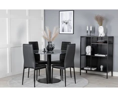 Venture Design Valgomasis stalas, Estelle apvalus, ø106 A75 cm, Juodas / Valgomasis kėdė, Plonas aukštas atlošas, 48x98x42 cm, Juodas
