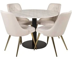 Venture Design Valgomasis stalas, Estelle, ø106xA75 cm, Juoda/Balta Marmuras, Valgomasis kėdė, Velvet Deluxe, 66x88.5x50 cm, kreminė.