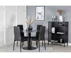 Venture Design Valgomasis stalas, Estelle apvalus, ø106 A75 cm, Juodas / Valgomasis kėdė, Plonas aukštas atlošas, 48x98x42 cm, Juodas