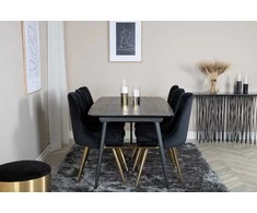 Venture Design Valgomasis stalas ir kėdės komplektas, auksinė plėtinimo galimybė ir veltinio prabanga, 180x85 cm ir 88.5x50 cm, juoda