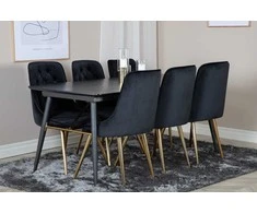 Venture Design Valgomasis stalas ir kėdės komplektas, auksinė plėtinimo galimybė ir veltinio prabanga, 180x85 cm ir 88.5x50 cm, juoda