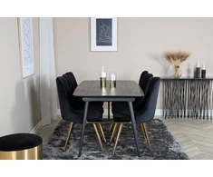 Venture Design Valgomasis stalas ir kėdės komplektas, auksinė plėtinimo galimybė ir veltinio prabanga, 180x85 cm ir 88.5x50 cm, juoda