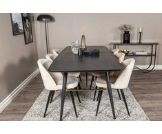 Venture Design Valgomasis stalas ir kėdžių komplektas, auksinė pratęsimo funkcija ir aksomo audinys, 180x85x76 cm, juoda ir beždžio spalvos